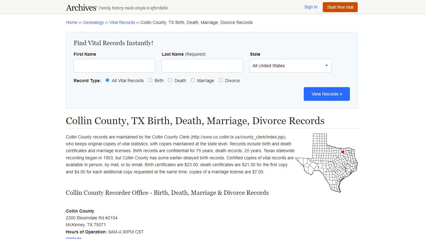 Collin County, TX Birth, Death, Marriage, Divorce Records - Archives.com