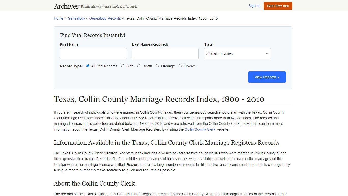 Texas, Collin County Marriage Records Index, 1800 - 2010 - Archives.com